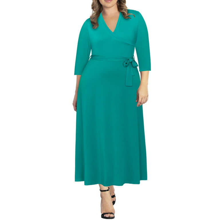 Chama Plus Size 3/4 Sleeves Wrap Dress Maxi Dresses for Women, 1X