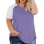 Chama Plus Size Basic Tunic Blouses for Women Striped Raglan T-Shirt Short Sleeve Summer Tops