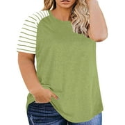 Chama Plus Size Basic Tunic Blouses for Women Striped Raglan T-Shirt Short Sleeve Summer Tops