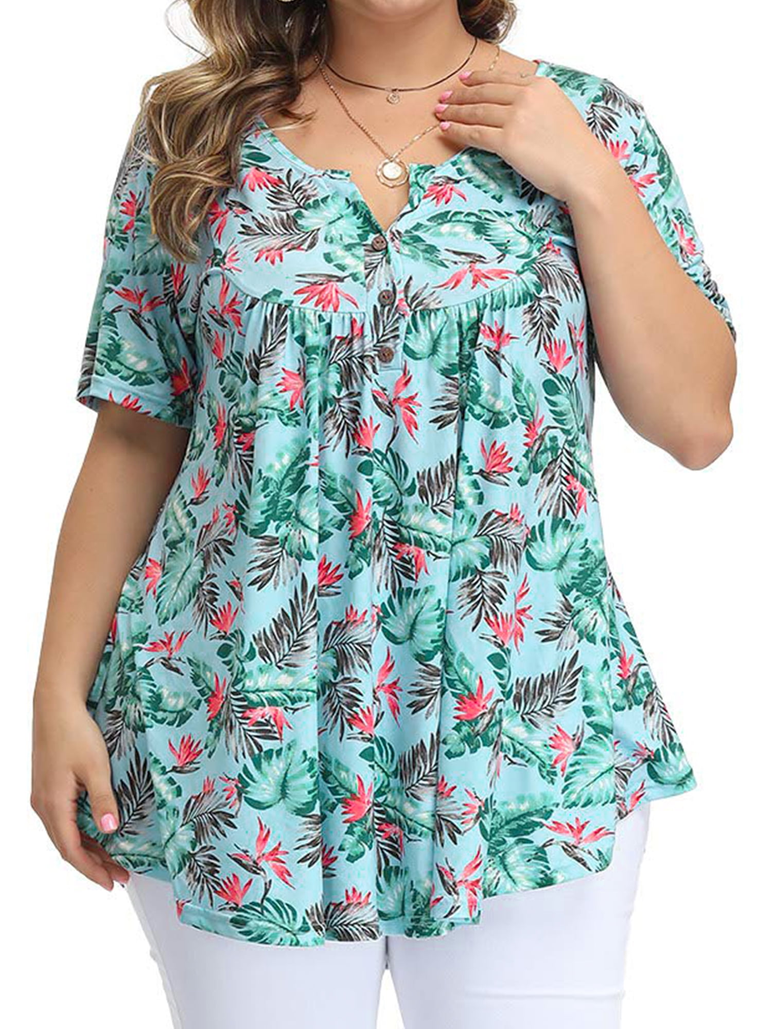 Chama Plus Size Henley Shirt for Women V Neck Button Up Floral