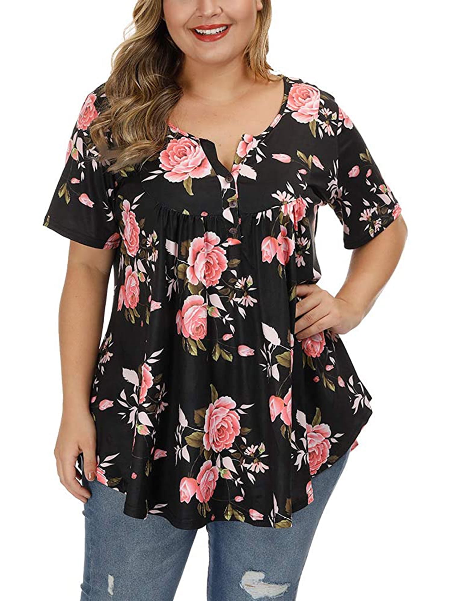 Chama Plus Size Henley Shirt for Women V Neck Button Up Floral Tunic ...
