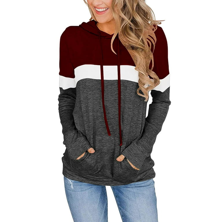 Chama Plus Size Hoodies for Women Color Block Long Sleeve Drawstring Pullover Sweatshirts with Pockets