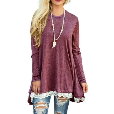 Chama Plus Size Long Sleeve Blouse Lace Splicing Shirt Pullover Swing Tunic Tops for Women