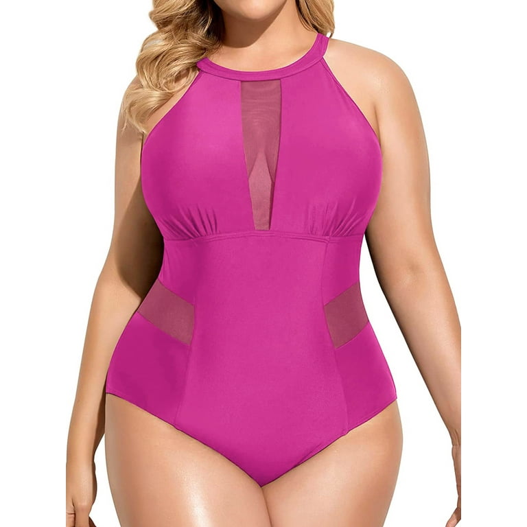 Chama Plus Size One Piece Halter Swimsuit for Women Cutout Tummy