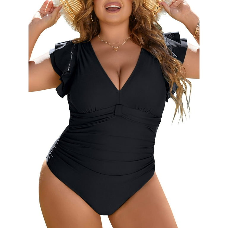 Chama Plus Size One Piece Swimsuit for Women Tummy Control Ruffle Bathing Suit Vintage V Neck Swimwears Walmart