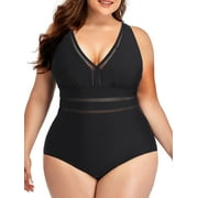 Chama Plus Size One Piece V-neck Swimsuit for Women Hollow Out Bathing Suits Tummy Control Swimwear Set