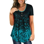 Chama Plus Size Short Sleeve Shirts for Women Pleated Flowy Tunic Blouses Floral Printed Tops