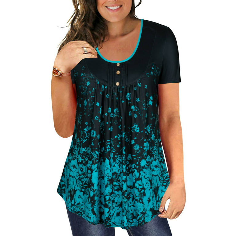 Chama Plus Size Short Sleeve Shirts for Women Pleated Flowy Tunic Blouses  Floral Printed Tops 