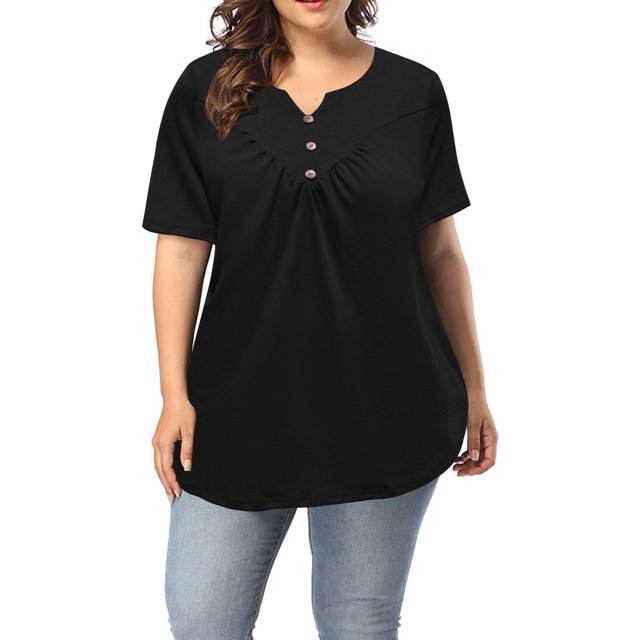 OmicGot Women's Plus Size Tunic Top - Short Sleeve V-Neck Henley Blouse, L-4X, Pleated Detail