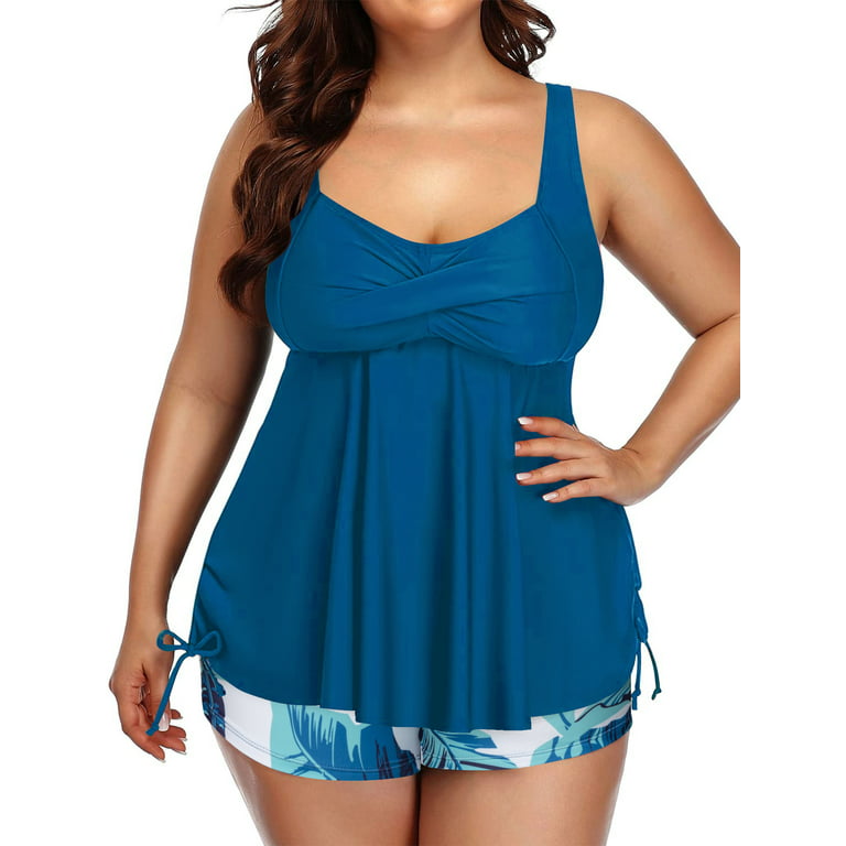 Chama Plus Size Tankini Swimsuit for Women Two Piece Boyshorts Bathing  Suits Tummy Control