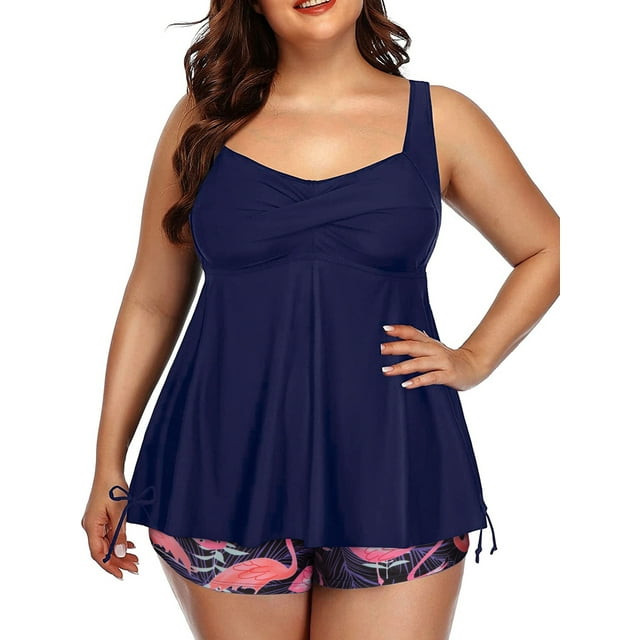 Chama Plus Size Tankini Swimsuit For Women Two Piece Boyshorts Bathing Suits Tummy Control 9049