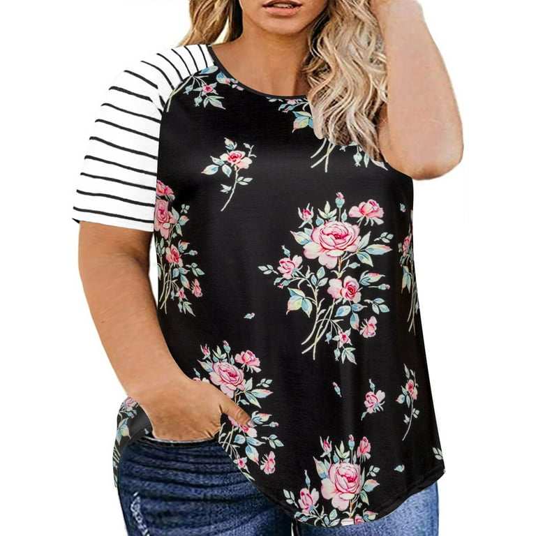 Chama Raglan T Shirts Short Sleeve Basic Tunic Blouse Summer Floral Tops  for Plus Size Women