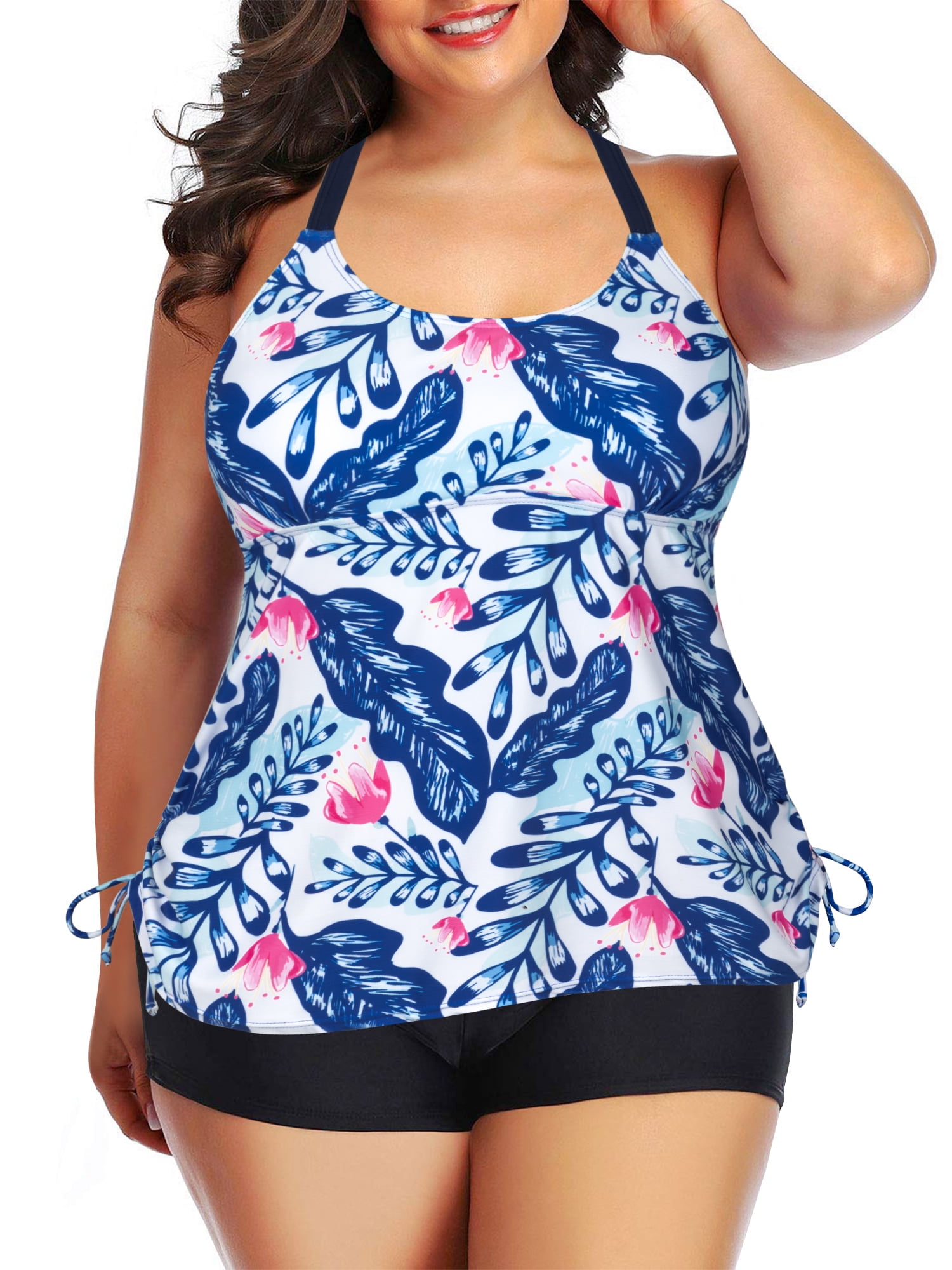 Chama Tankini Swimsuits for Women Plus Size Drawstring Bathing Suits with  Boyshorts Two Piece Floral Print Swimwear 