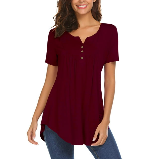 Chama V Neck Henley Shirts for Women Short Sleeve Pleated Tunic Tops ...