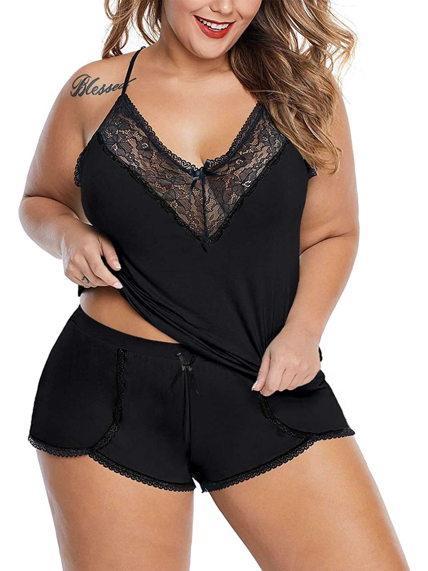 Chama Women Plus Size Pajamas Set Cami Top and Shorts PJ Set Nightwear Sexy  Lace Sleepwear