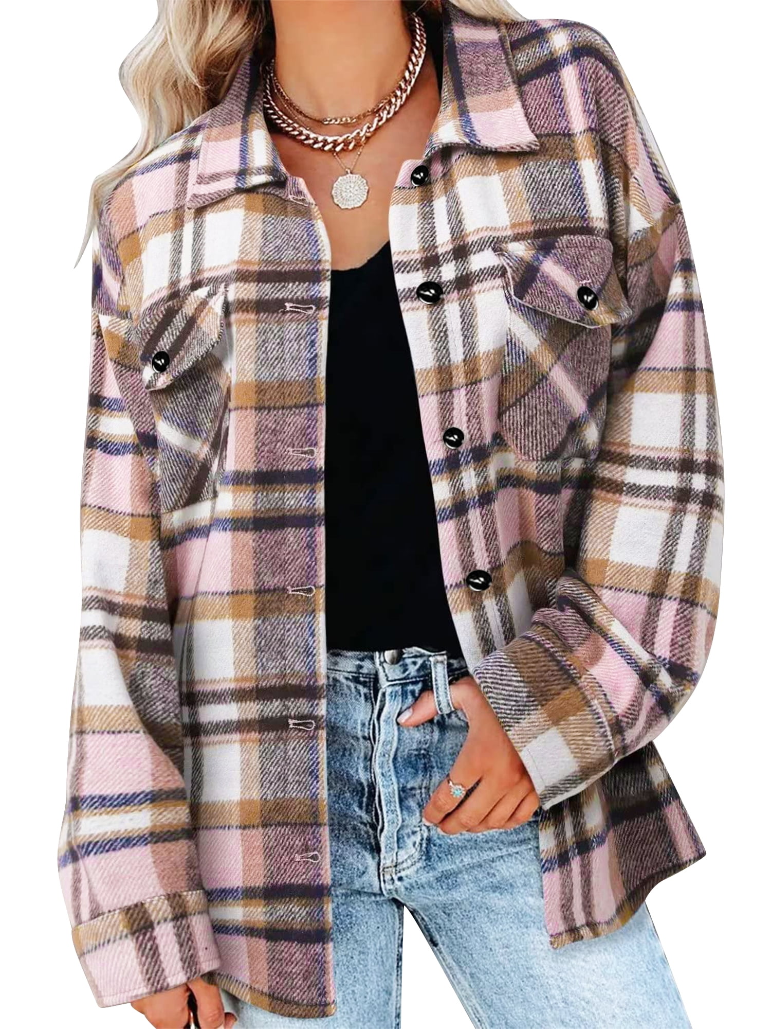 Chama Women's Flannel Plaid Jacket Oversized Long Sleeve Check Shacket ...
