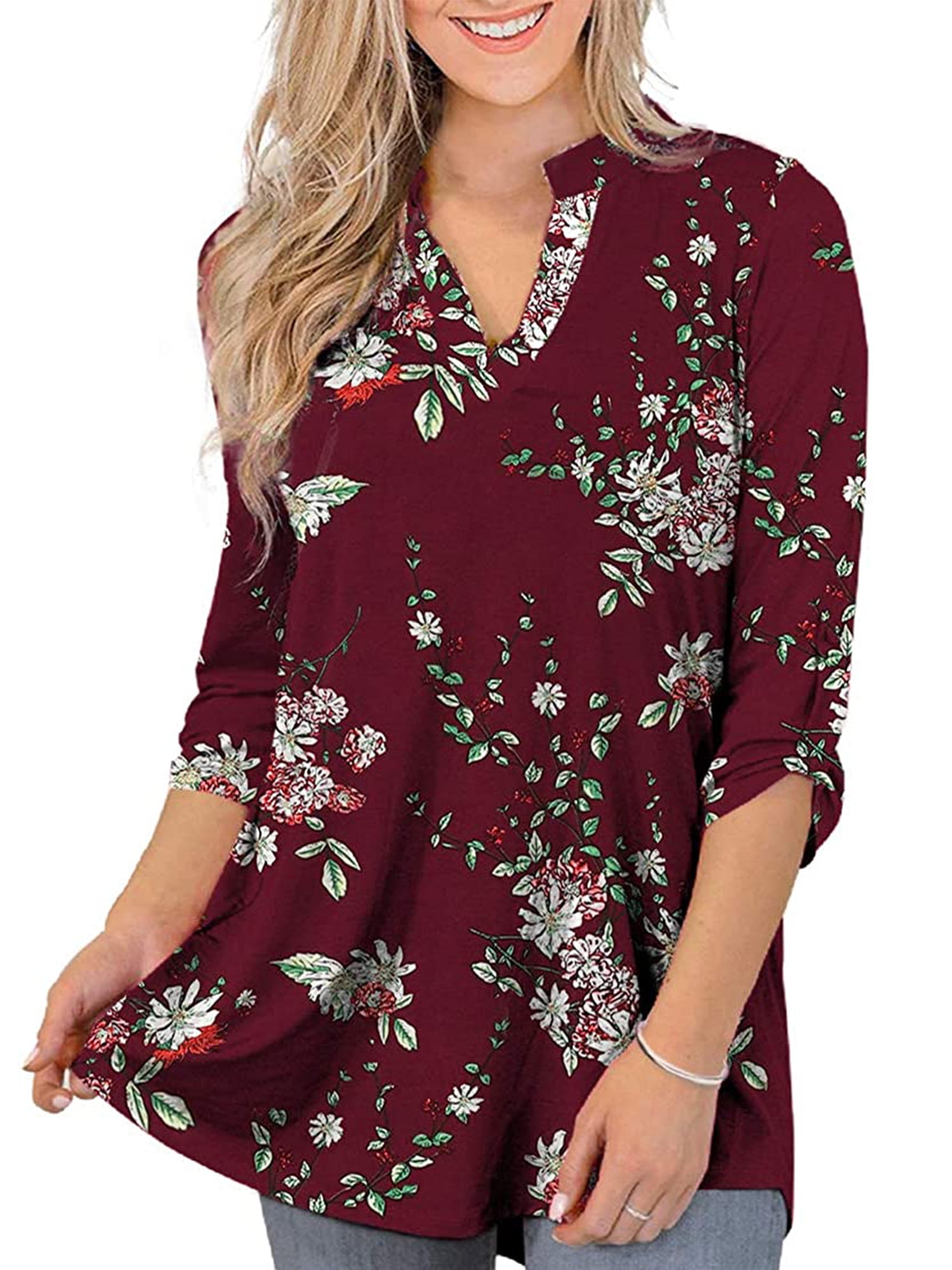 Chama Women's Plus Size 3/4 Roll Sleeves Tunic Tops Paisley Floral ...