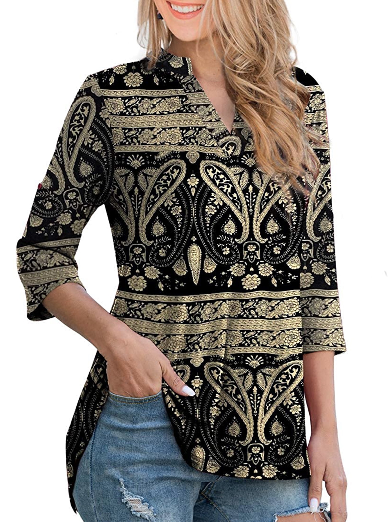 Chama Women's Plus Size 3/4 Roll Sleeves Tunic Tops Paisley Floral ...