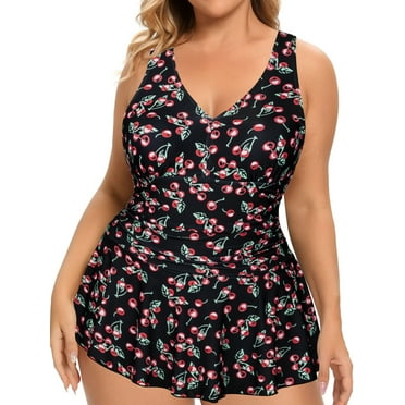 Chama Women's Plus Size Cute Swimdress Bathing Suits V Neck Ruched One Piece Swimsuits