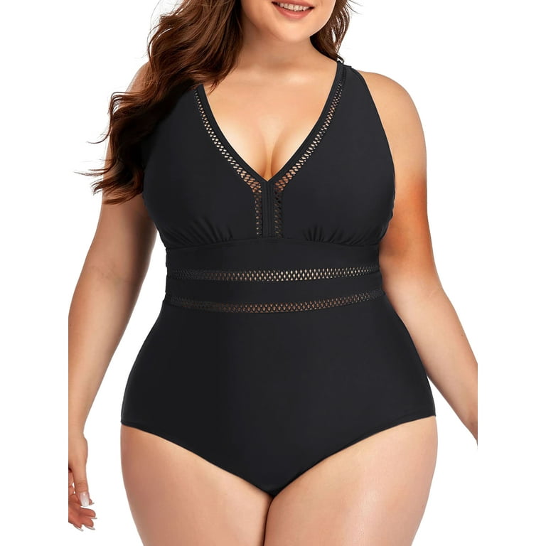 Chama Women's Plus Size One Piece Swimsuits V Neck Tummy Control Bathing  Suits