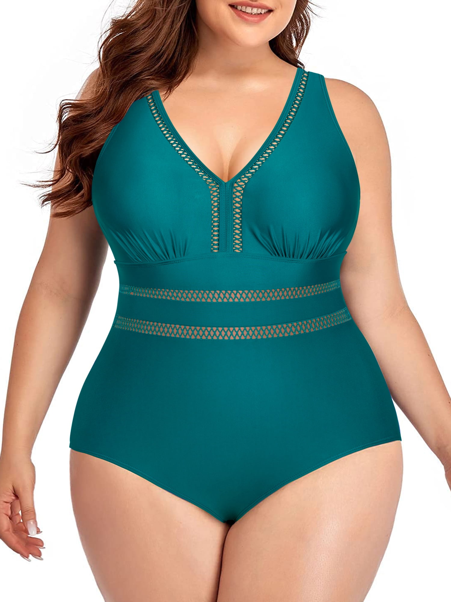 Summer Mae Plus Size V Neck One Piece Swimsuits for Women Mesh High Cut Bathing  Suits Tummy Control Monokini Balsam Green 14 Plus at  Women's  Clothing store
