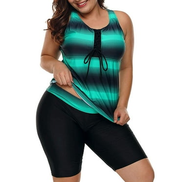 Chama Women's Plus Size Racerback Tankini Swimsuits with Swim Capris 2 Piece Color Block Athletic Bathing Suits