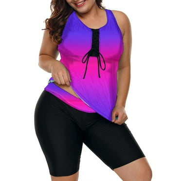 Chama Women's Plus Size Racerback Tankini Swimsuits with Swim Capris 2 Piece Color Block Athletic Bathing Suits