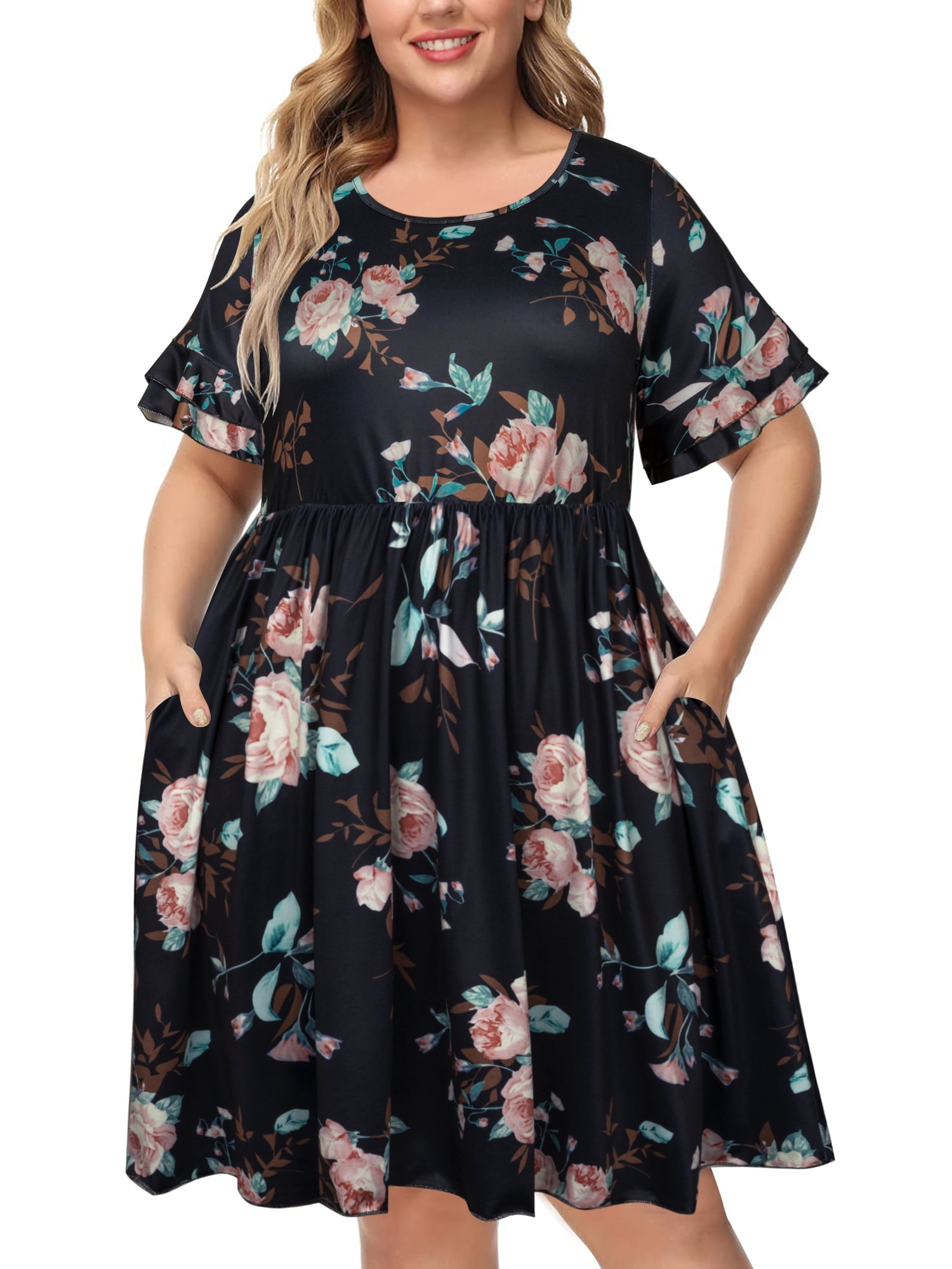 Chama Women's Plus Size Short Sleeve Casual Dress A-Line and Flare ...