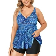 Chama Women's Plus Size Tankini Swimsuits V Neck Flowy Swimwear Two Piece Tummy Control Bathing Suits with Shorts
