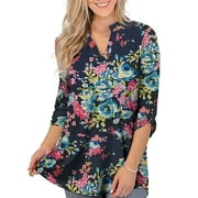 Chama Women's Plus Size Tunic Tops 3/4 Roll Sleeve Notch V Neck Blouses Shirts