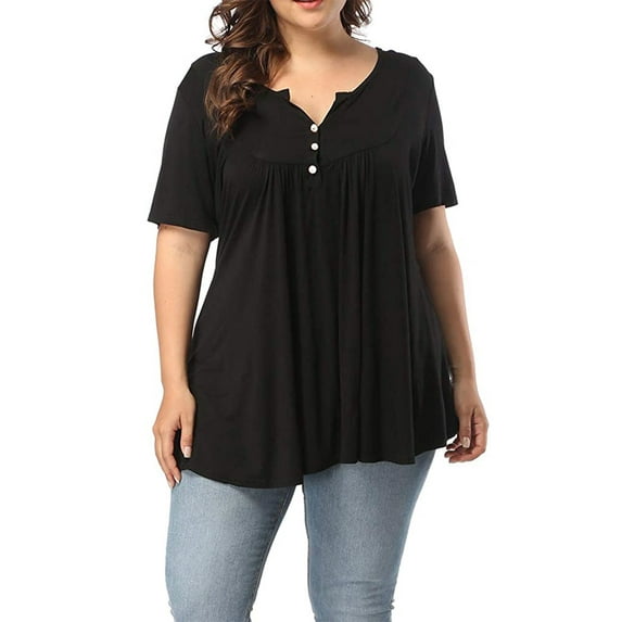 Chama Women's Plus Size V Neck Short Sleeve Henley Shirt Buttons Up Pleated Tunic Tops