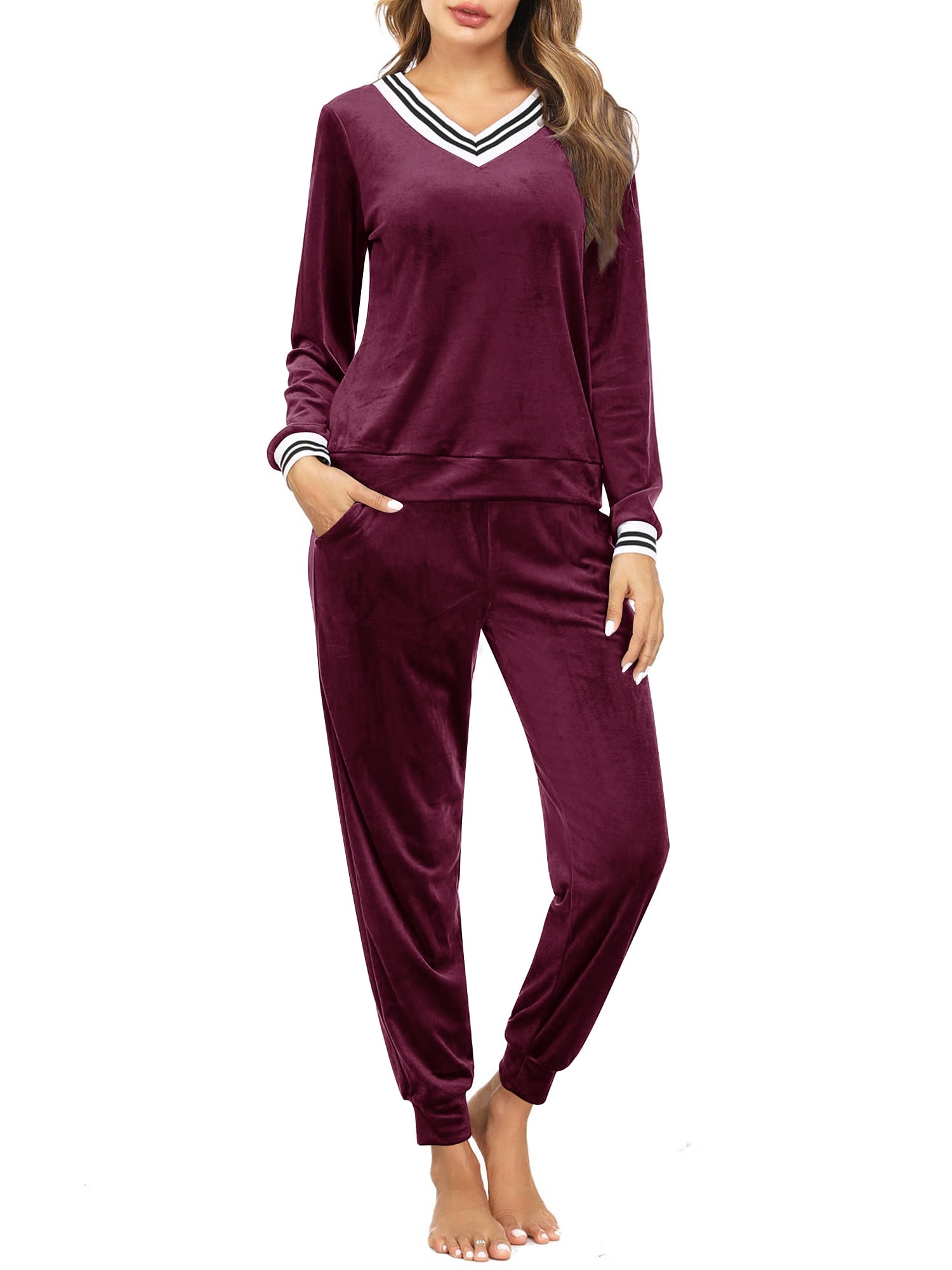 Chama Women's Velvet Sweatsuit V Neck Top and Jogger Pants 2 Piece