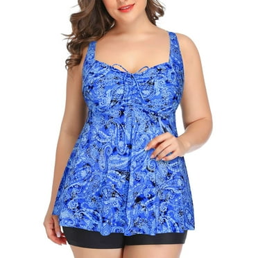 Chama Womens Plus Size 2 Piece Ruffle Bathing Suits Drawstring Tank with Boyshorts Tankini Swimdress for Women