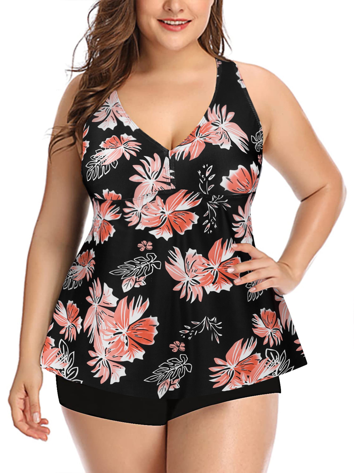 Chama Womens Plus Size 2 Piece Swimsuits Tummy Control Tankini Top with  Boyshorts Floral Bathing Suits for Women 