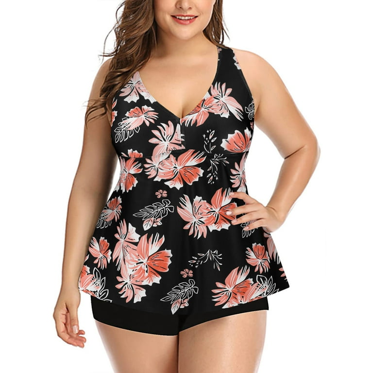 Chama Womens Plus Size 2 Piece Swimsuits Tummy Control Tankini Top with  Boyshorts Floral Bathing Suits for Women