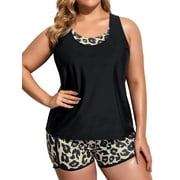 Chama Womens Plus Size 3 Pieces Swimsuits Cropped Tankini Bathing Suits with Cover-up Printed Athletic Swimwear
