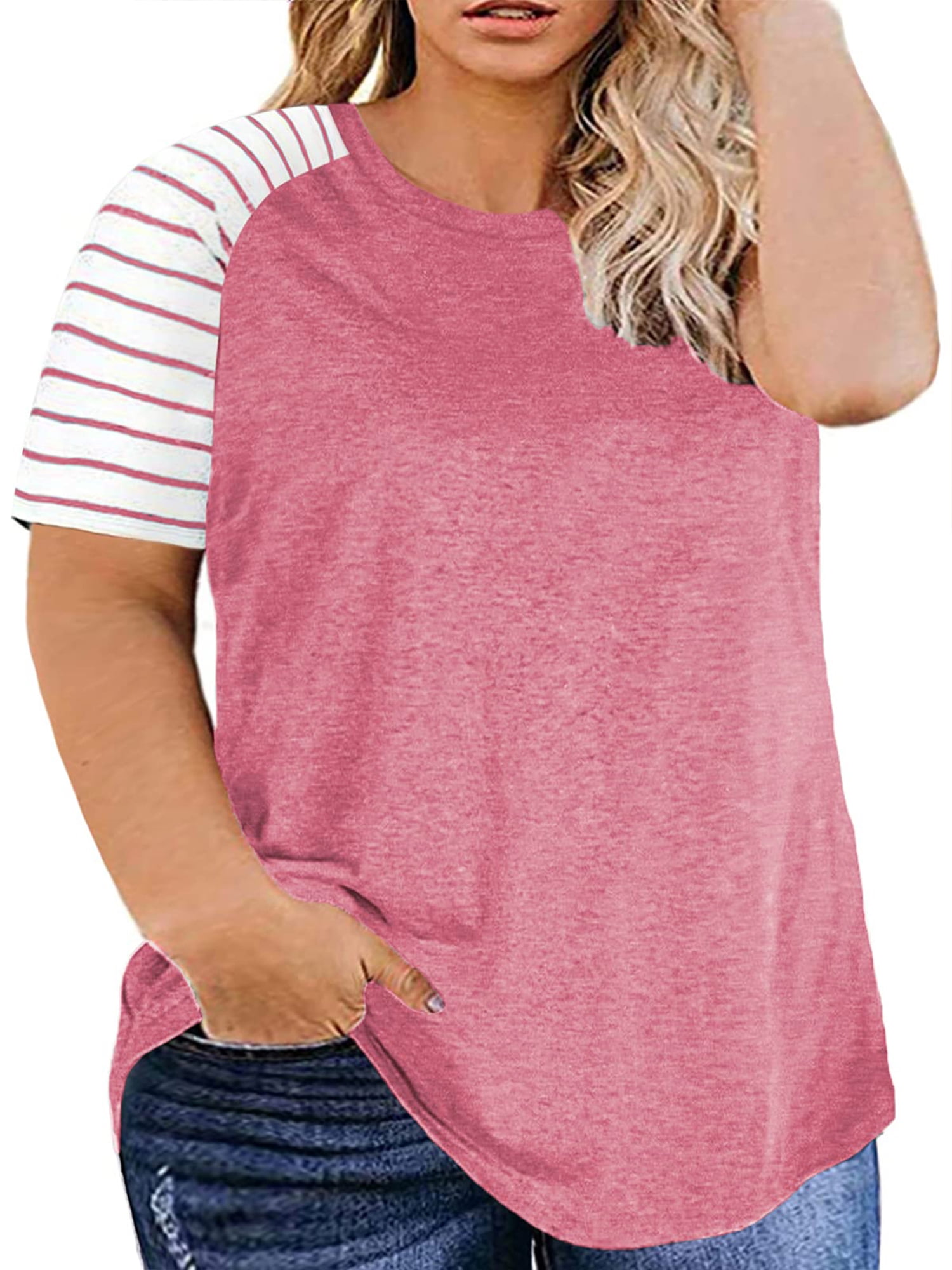 Chama Womens Plus Size Basic Tunic Blouses Striped Raglan Tee Shirts Short  Sleeve Summer Tops