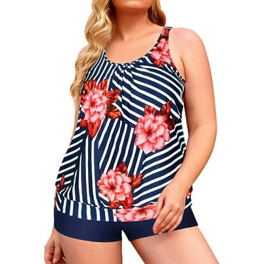Chama Womens Plus Size Blouson Tankini Swimsuits Striped Swimwear Set 2-Piece Athletic Bathing Suits with Boyshorts