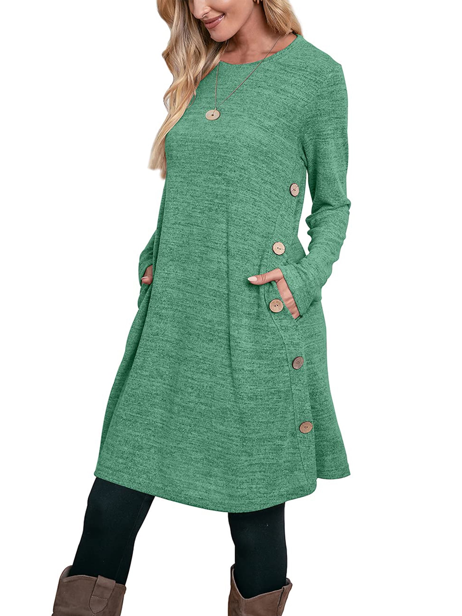 Chama Womens Plus Size Casual Tunic Dress Side Button Knee-length Shirt  Dress with Pockets