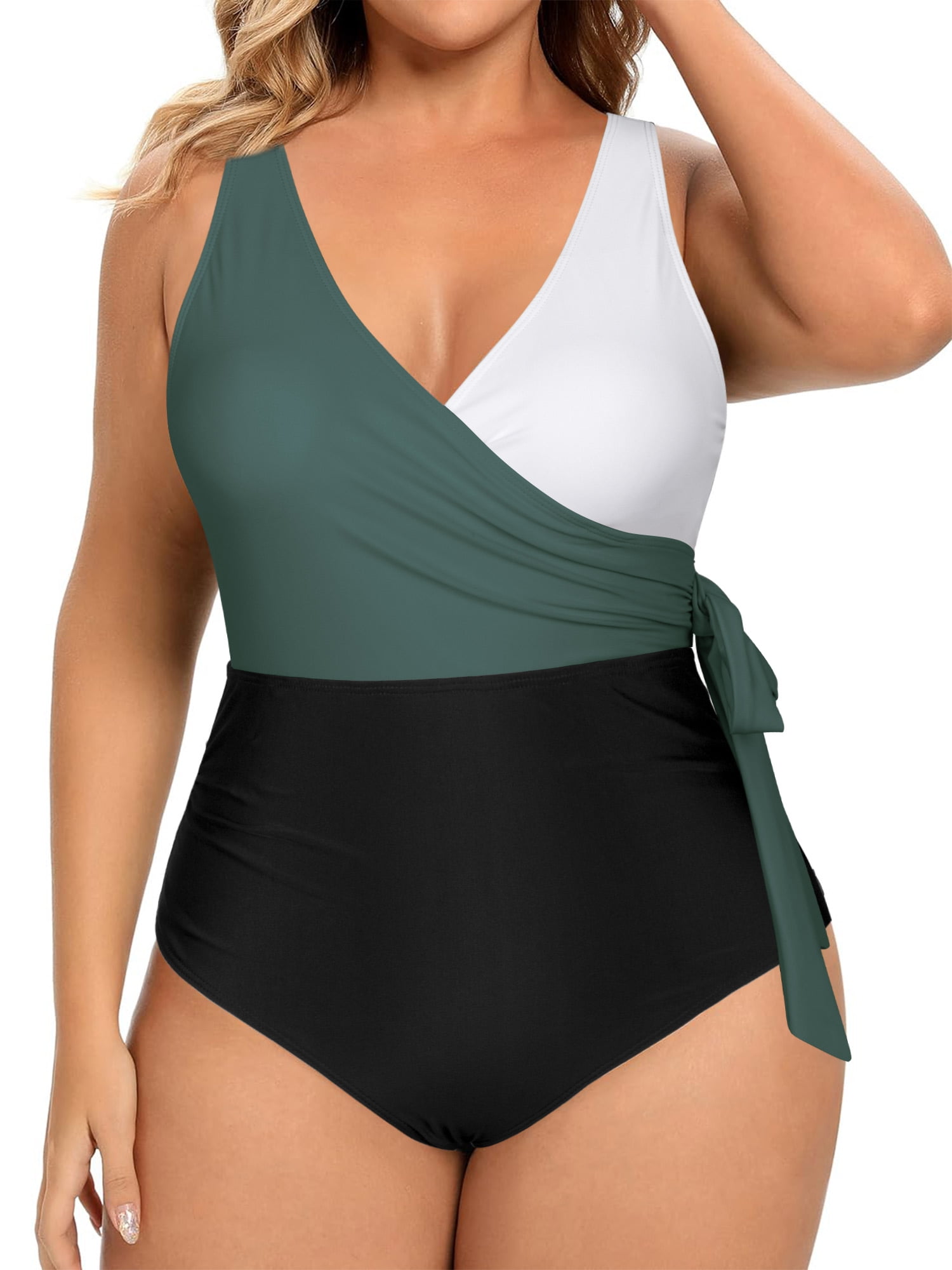Chama Women's Plus Size One Piece Swimsuits V Neck Tummy Control