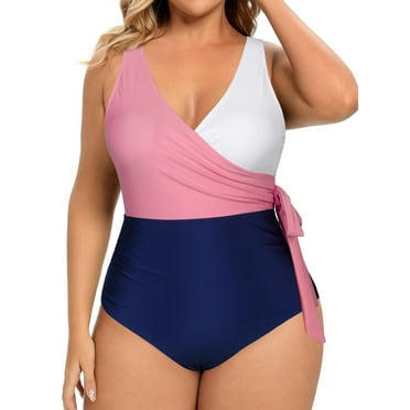 Chama Womens Plus Size Color Block Knot One Piece Swimsuit Tie Side Tummy Control Bathing Suits