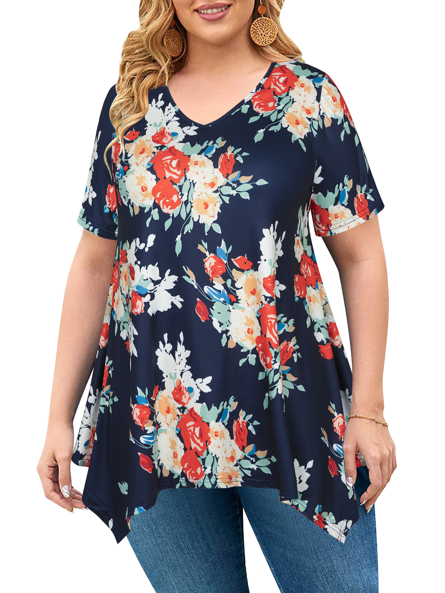Chama Womens Plus Size Flowy Tunic Tops Irregular Hem Floral Print