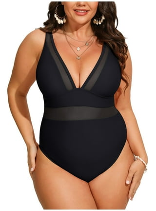 Chama Plus Size One Piece V-neck Swimsuit for Women Hollow Out Bathing  Suits Tummy Control Swimwear Set 