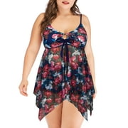 Chama Womens Plus Size V Neck Swimsuit Sexy Mesh Tankini Bathing Suits with Boyshorts Tummy Control(2 Piece)