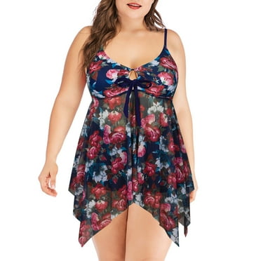Chama Womens Plus Size V Neck Swimsuit Sexy Mesh Tankini Bathing Suits with Boyshorts Tummy Control(2 Piece)