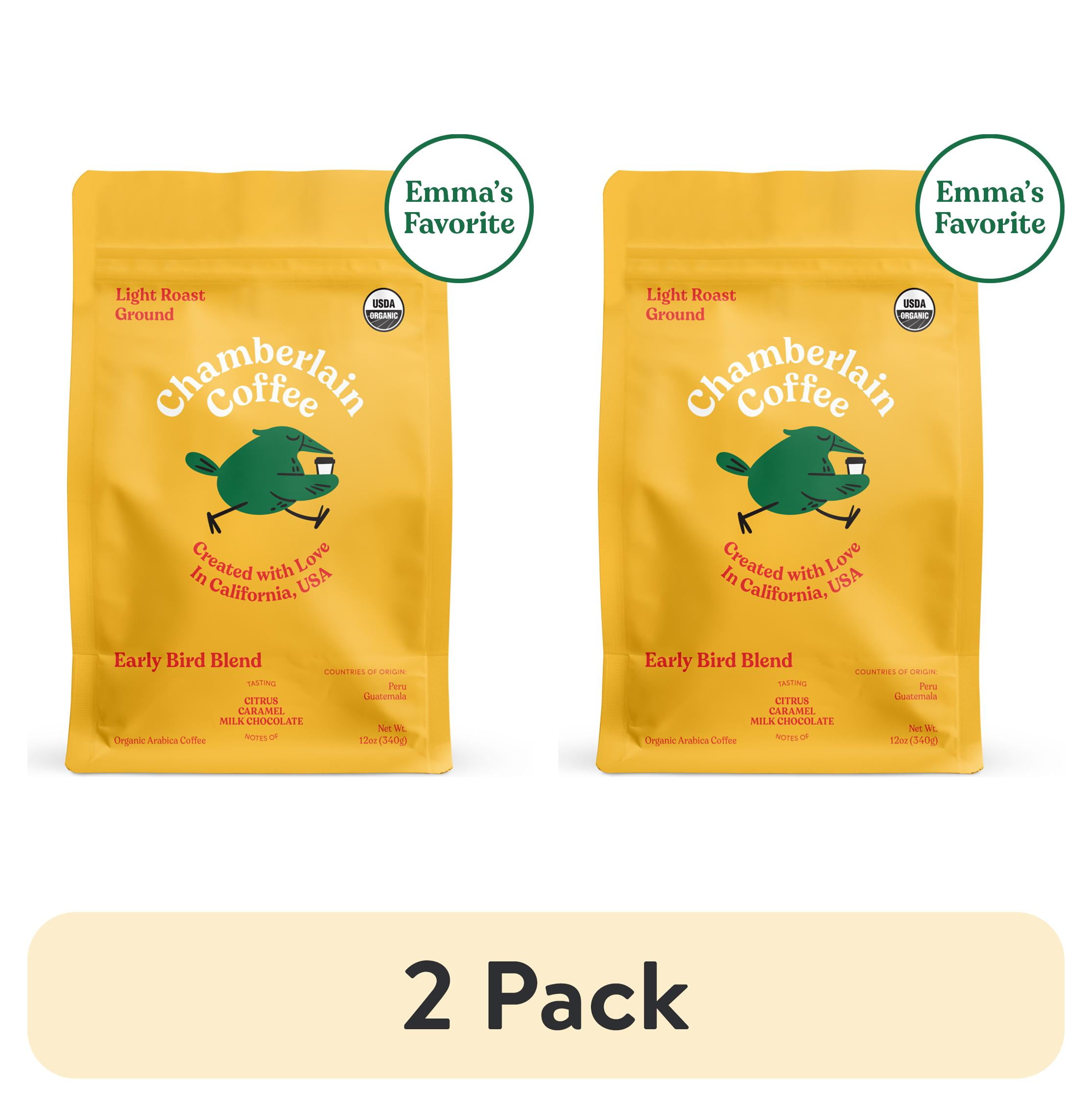 (2 pack) Chamberlain Coffee, Early Bird Light Roast Grounds Bag, 12 oz
