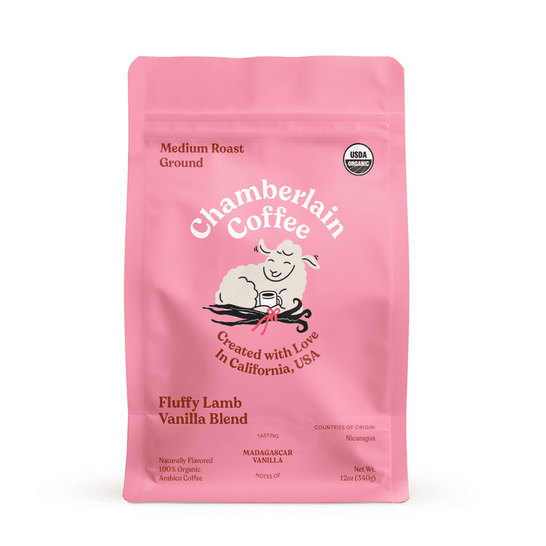 Chamberlain Coffee Fluffy Lamb Vanilla Medium Roast Grounds Bag Naturally Caffeinated 12 oz