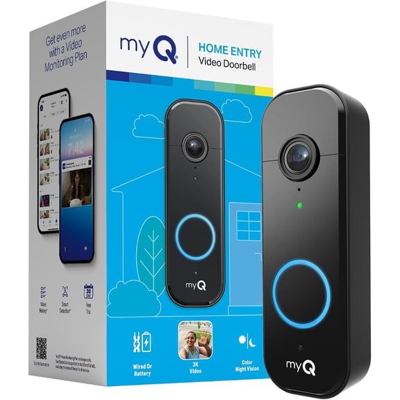 Chamberlain myQ Video Doorbell | 2K Camera, Battery/Wired, Color Night Vision, Live with 2-Way Talk, Motion Detection & Real-Time Alerts, 150 Deg Wide View, Black