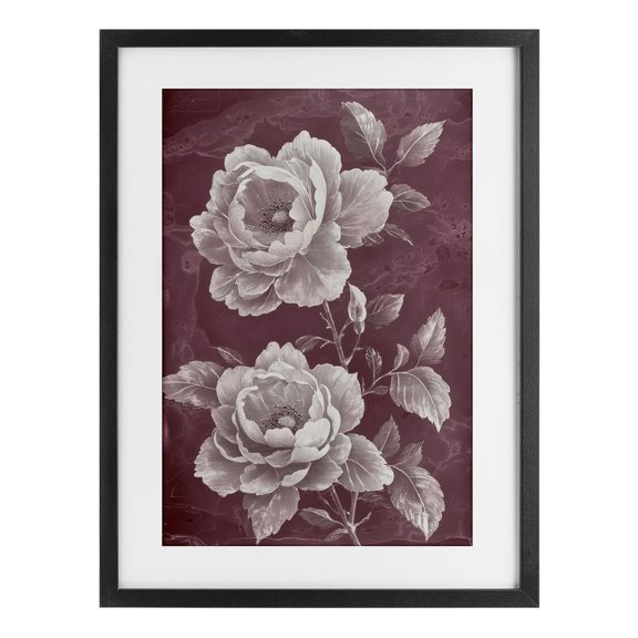 Chambermaid Blooms on Maroon Black Framed Print Under Glass, 14 x 20, Made In USA