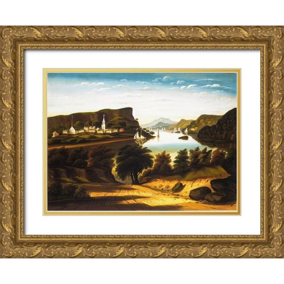 Chambers, Thomas 32x24 Gold Ornate Wood Framed with Double Matting Museum Art Print Titled - Lake George and the Village of Caldwell